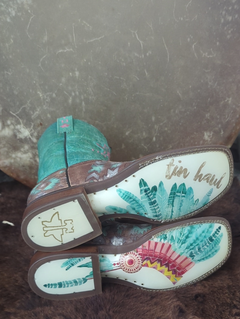 TIN HAUL "Painted Warrior" teal green/blue & brown Aztec square toe boots sz 9.5 - Picture 12 of 16